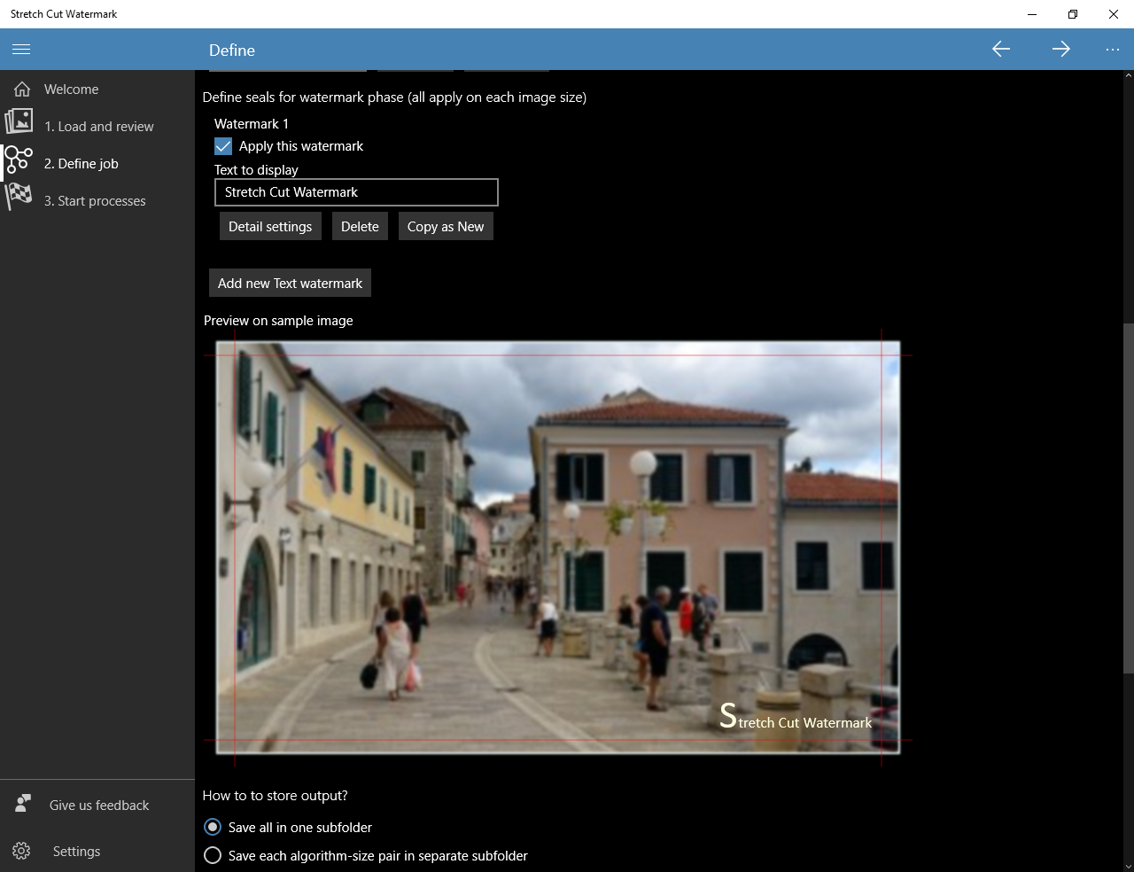 Screenshot of Define screen, select watermarks section, in StretchCutWatermark desktop app