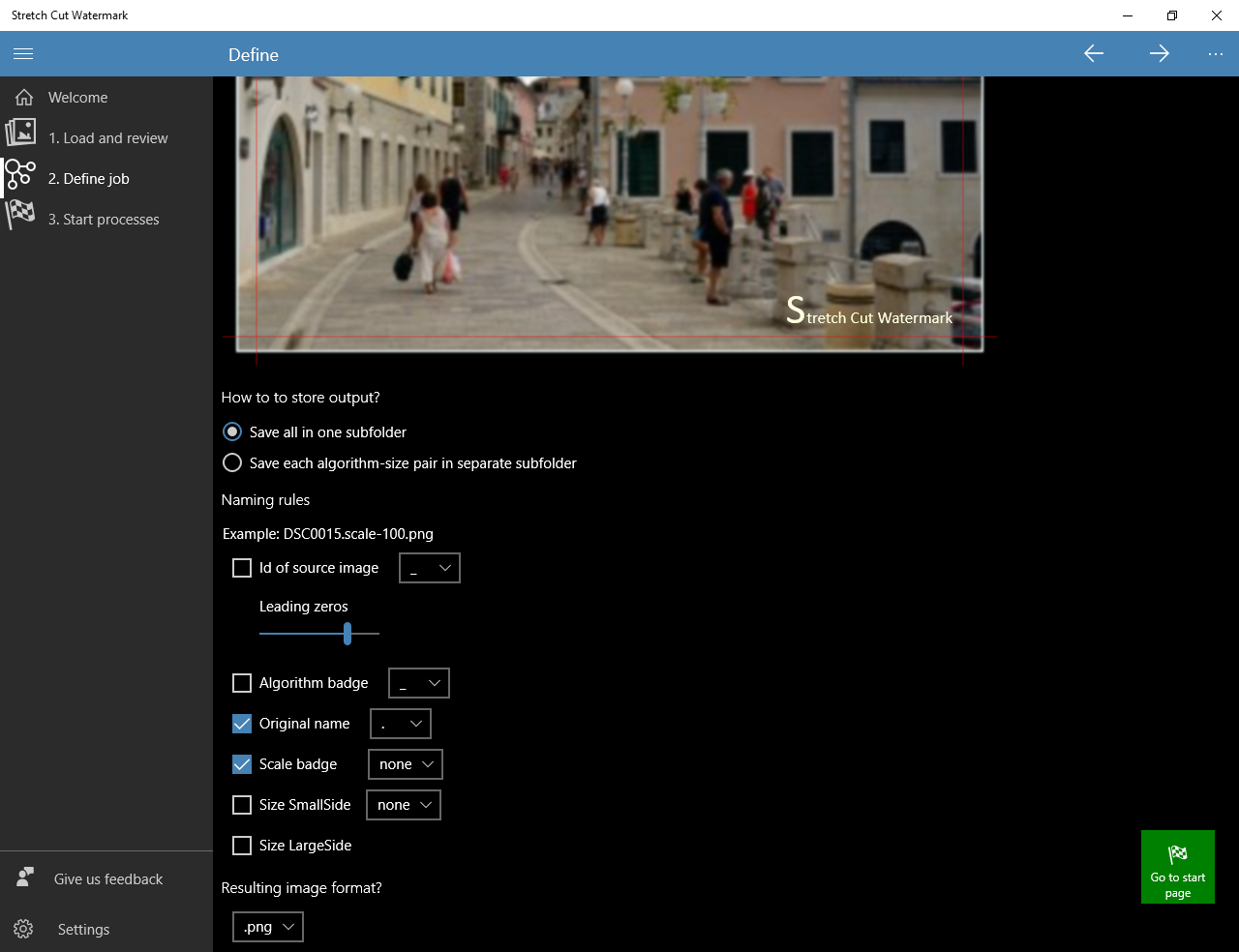 Screenshot of Define screen, naming section, in StretchCutWatermark desktop app